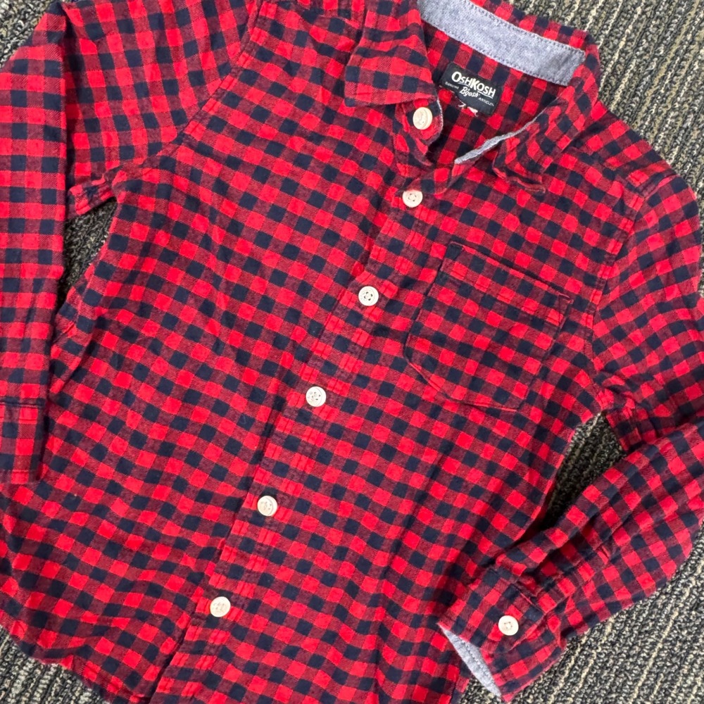 OshKosh B'gosh Flannel Shirt Toddler 5T Red Black Excellent Buffalo Plaid Button